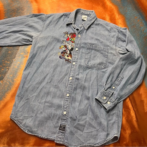 Warner Bros. Tops - VTG 90s Warner Bros Looney Tunes Denim Embroidered button up shirt small